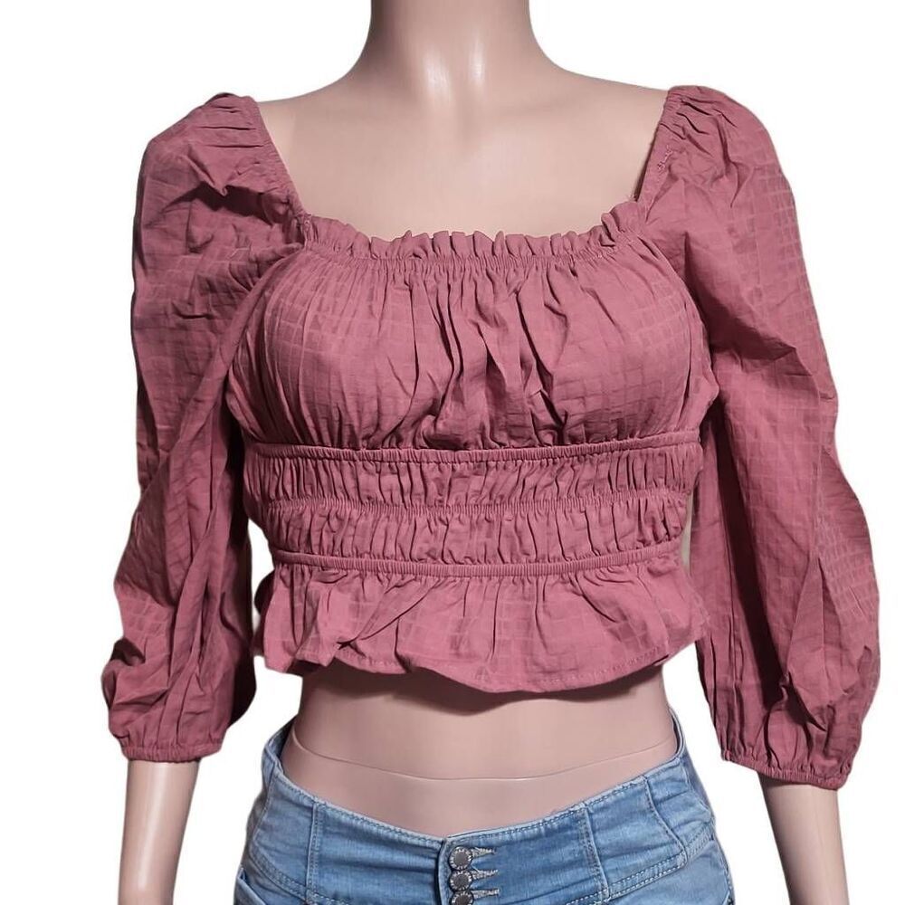 Baevely mauve 3/4 sleeve elastic detail ruched back tie crop smock blouse S, M,L